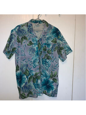 Men's Caribbean Club Casual Button Down Shirt Large Gray Blue Floral